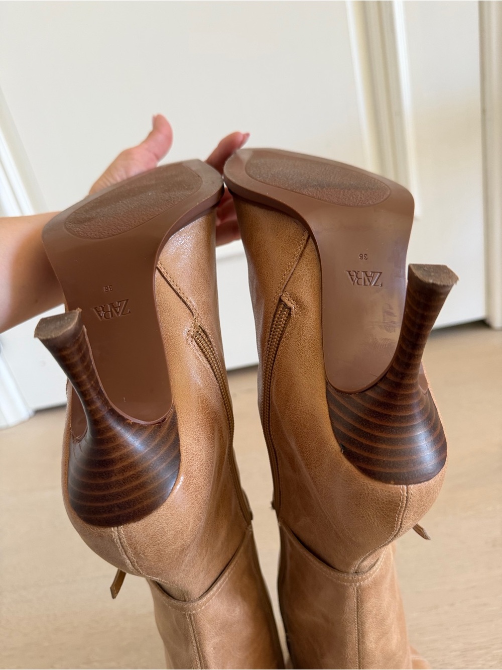 Zara Camel Tan Knee-High Pointed-Toe Heeled Boots - Picture 13 of 14